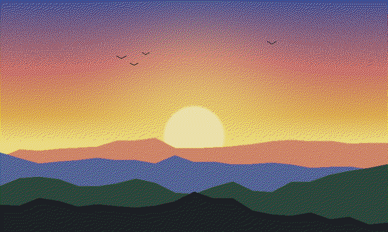 A sunset on the frame: a low yellow sun over layered blue, green and dark hills under a red and blue sky, with a few birds.